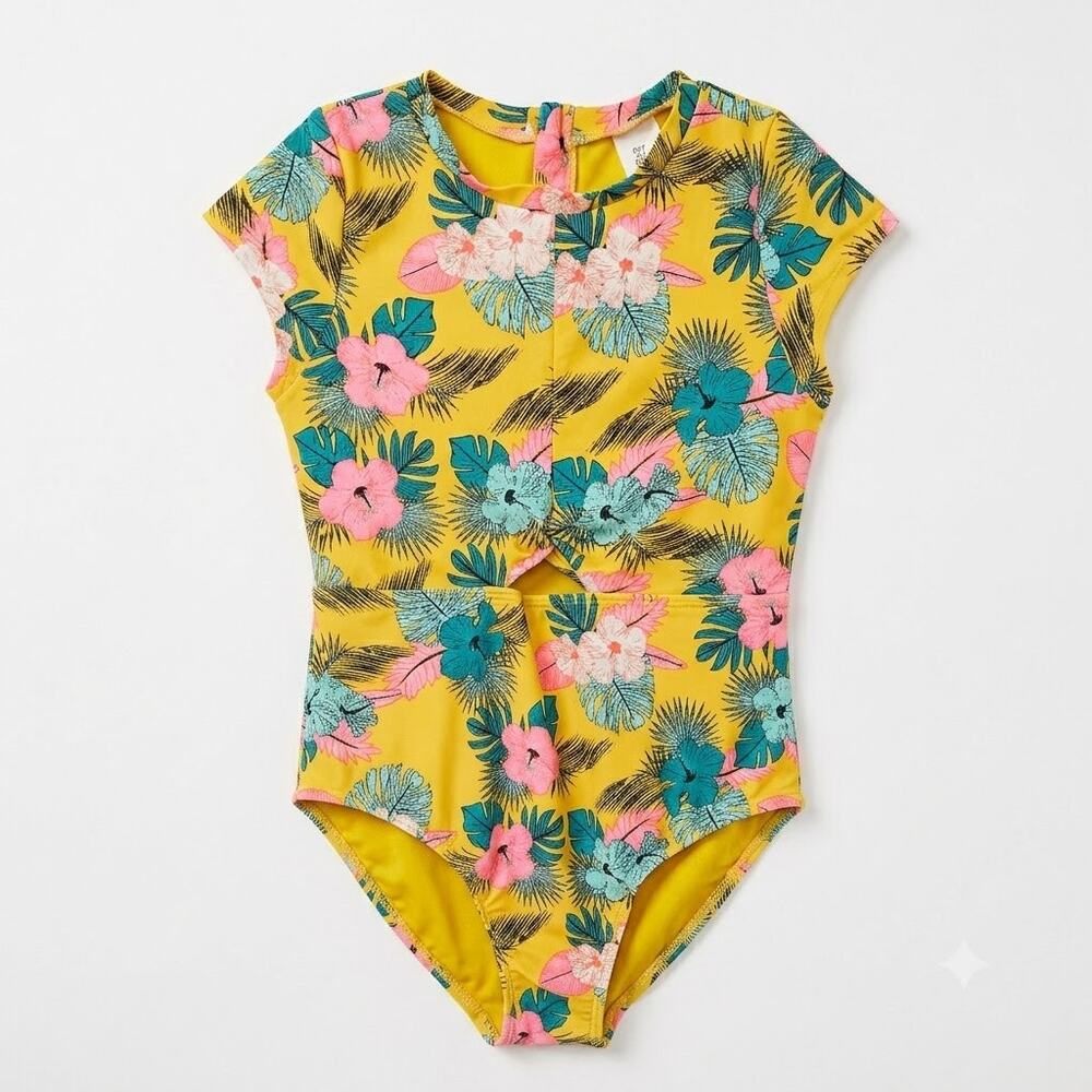 Art Class Tropical Floral Twist Cutout One Piece Swimsuit Yellow Girls XL